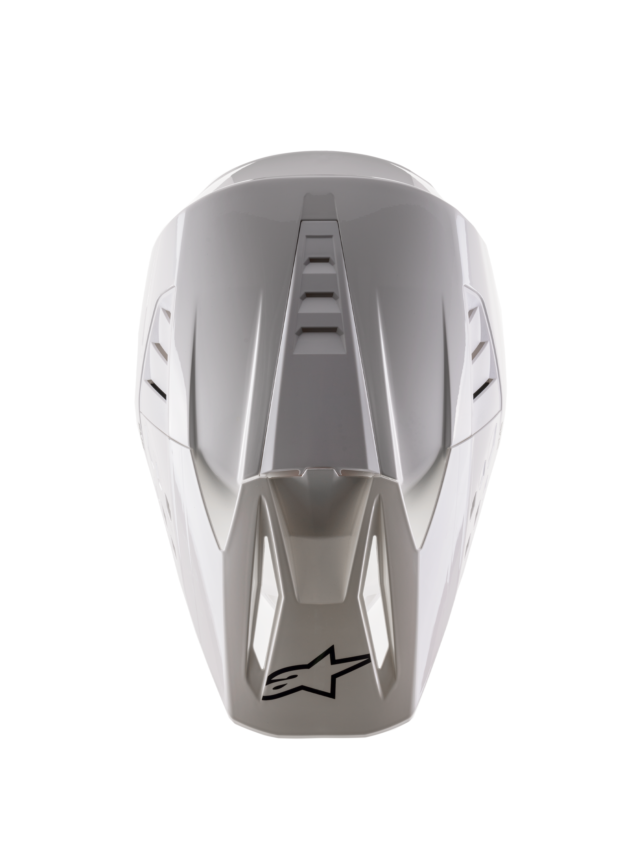 Alpinestars S-M5 Solid Helmet ECE 22.06, Motocross Helmet, White Glossy, overhead view showing top air vents and black logo on the visor tip