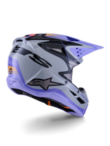 Alpinestars S-M3 Jettson Youth Helmet, Motocross Helmet, Gray Purple and Black Glossy, rear three-quarter view, featuring a purple visor, black Alpinestars logo, and multiple ventilation ports, sleek design for youth off-road racing