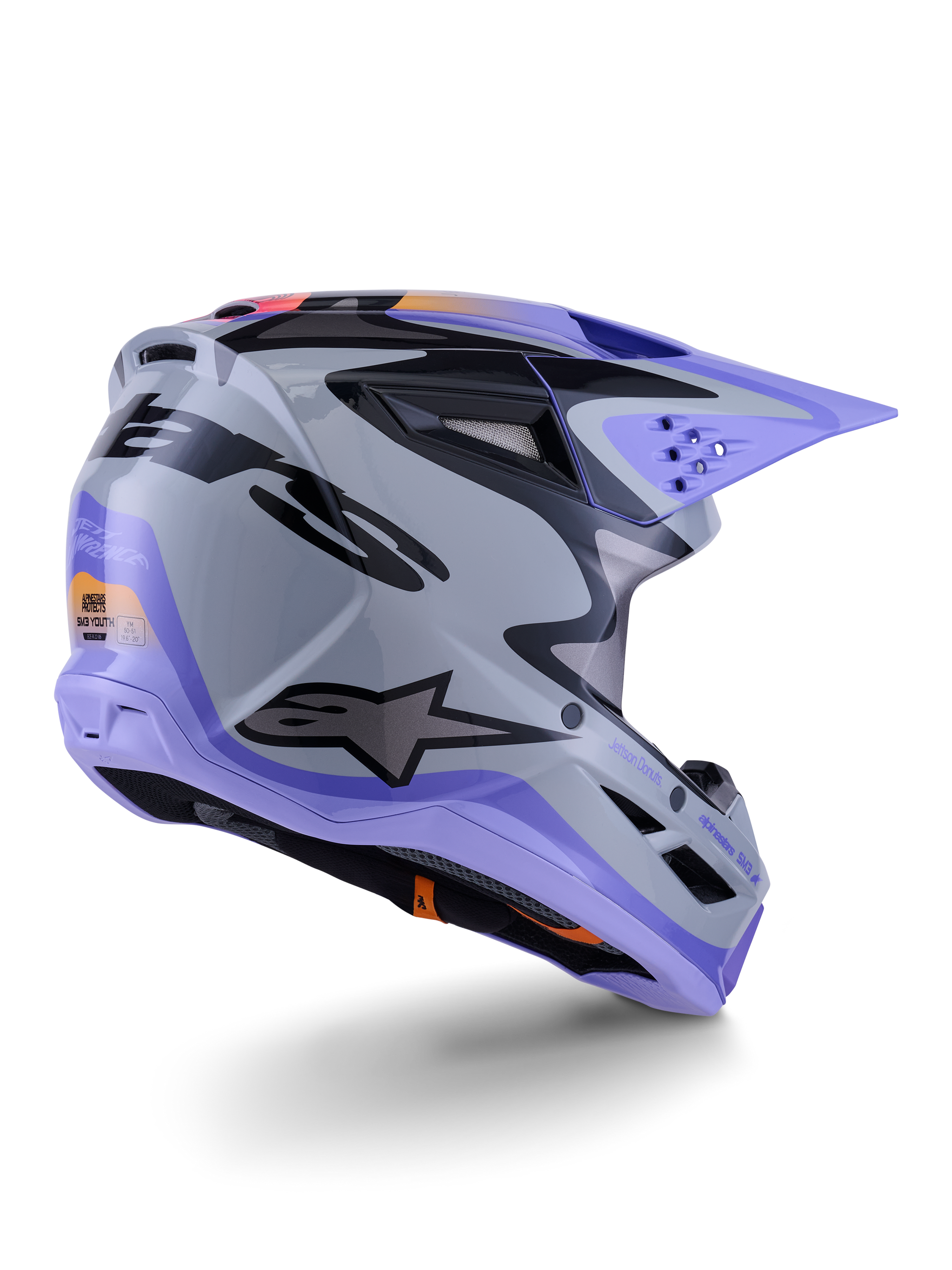 Alpinestars S-M3 Jettson Youth Helmet, Motocross Helmet, Gray Purple and Black Glossy, rear three-quarter view, featuring a purple visor, black Alpinestars logo, and multiple ventilation ports, sleek design for youth off-road racing