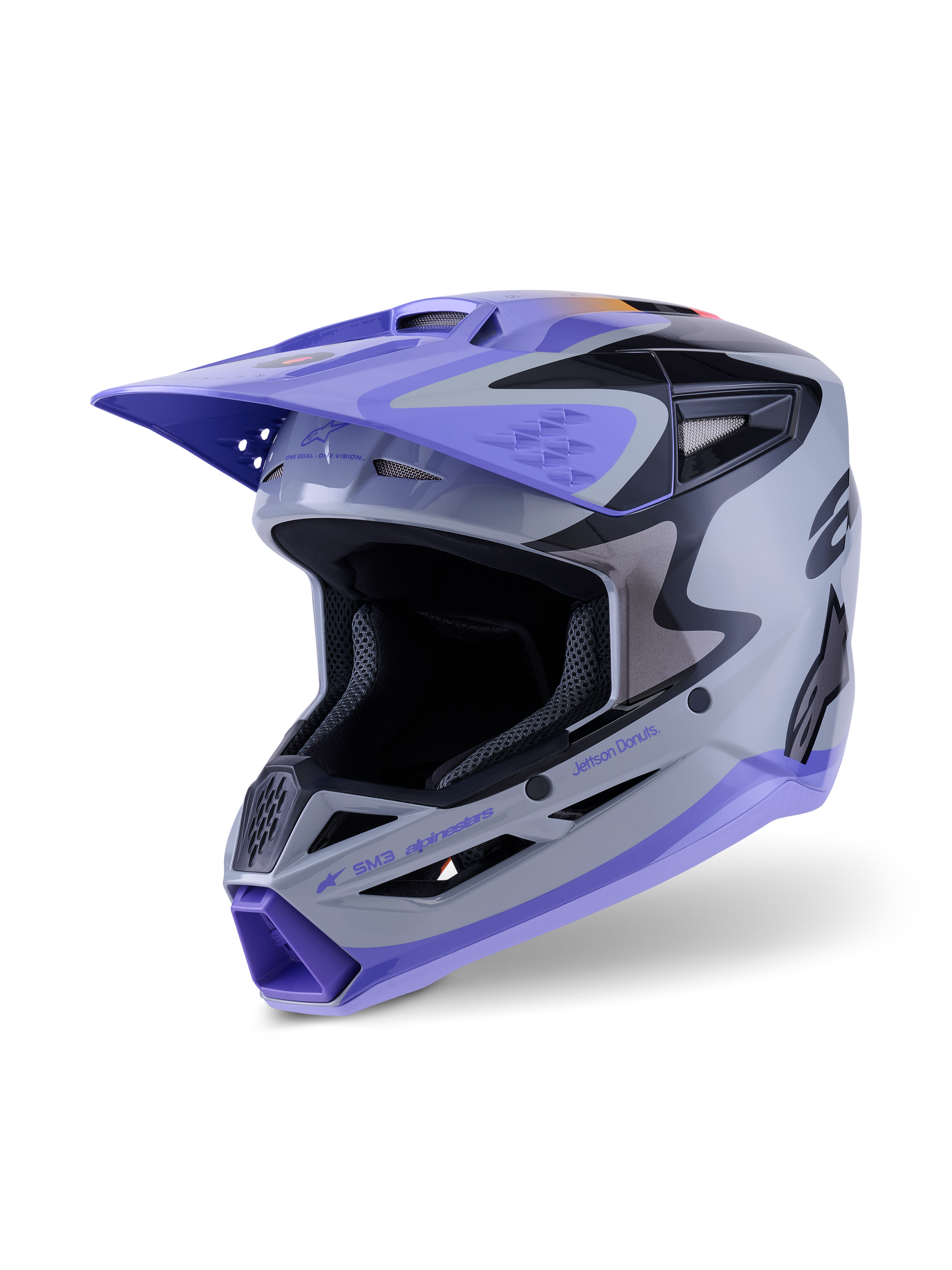 Alpinestars S-M3 Jettson Youth Helmet ECE 22.06, Motocross Helmet, Gray Purple and Black Glossy, featuring a purple visor and chin bar, aerodynamic shell with mesh ventilation ports, bold graphics for youth off-road racing