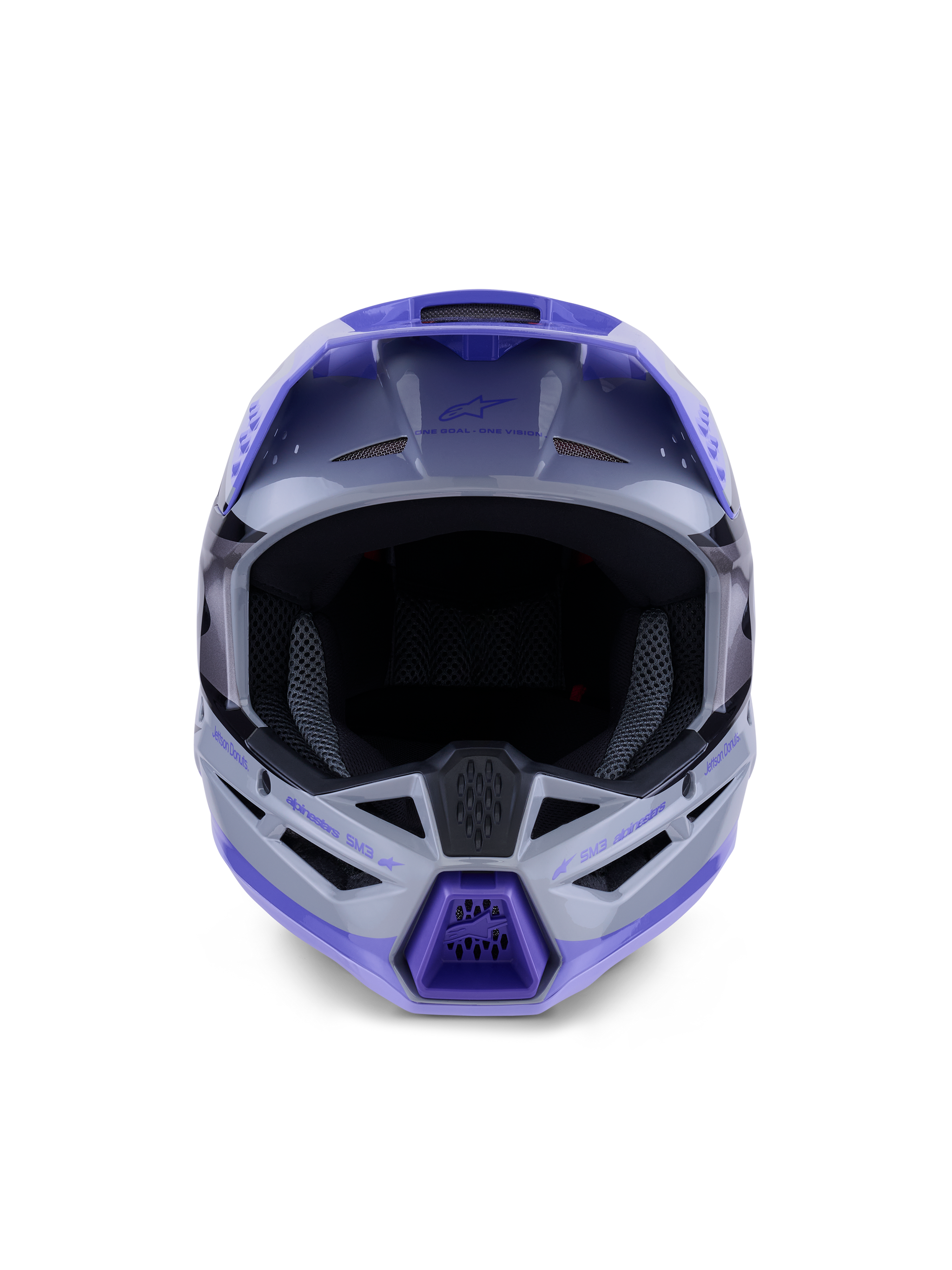 Alpinestars S-M3 Jettson Youth Helmet, Motocross Helmet, Gray Purple and Black Glossy finish, front view showing large eye port for goggles and ventilated chin guard, professional off-road head protection.