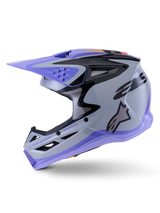 Alpinestars S-M3 Jettson Youth Helmet, Motocross Helmet, Gray Purple and Black Glossy, featuring purple visor and lower trim, black graphic patterns with side logo, professional head protection for youth off-road racing