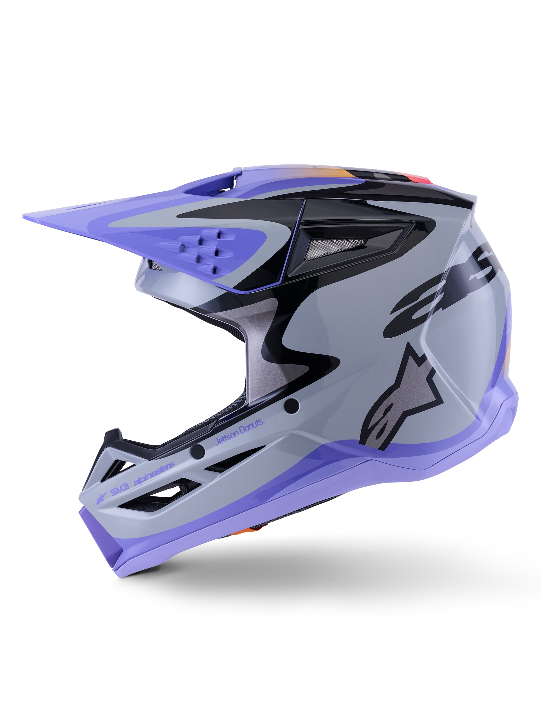 Alpinestars S-M3 Jettson Youth Helmet, Motocross Helmet, Gray Purple and Black Glossy, featuring purple visor and lower trim, black graphic patterns with side logo, professional head protection for youth off-road racing