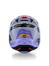 Alpinestars S-M3 Jettson Youth Helmet, Rear View, Gray with Purple and Black Glossy Graphics, featuring Jett Lawrence signature design and Alpinestars logos, off-road motocross helmet