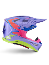 Alpinestars Supertech M10 Jett Lawrence R01 Helmet, Motocross Helmet, Purple with Pink and Fluorescent Yellow accents, side profile showing the aerodynamic carbon shell, multiple ventilation ports, and bold Alpinestars branding for off-road performance