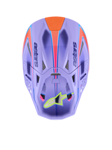 Alpinestars Supertech M10 Jett Lawrence R01 Helmet, Motocross Helmet, Purple with Pink and Orange graphics, top-down view showing ventilation ports and aerodynamic shell, neon yellow star logo on the visor, advanced carbon fiber construction for off-road racing
