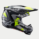 Alpinestars S-M5 Rover 2 Helmet, Motocross Helmet, Dark Gray and Yellow Fluo Glossy, featuring a camouflage graphic pattern, side profile view with white Astars logo and advanced ventilation ports