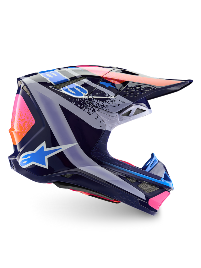 Alpinestars Limited Edition Supertech M10 Records Helmet, Motocross Helmet, Multicolor Glossy, featuring a navy blue base with vibrant pink, orange, and light blue Records graphics, side profile view showing the aerodynamic shell, visor, and ventilation ports.