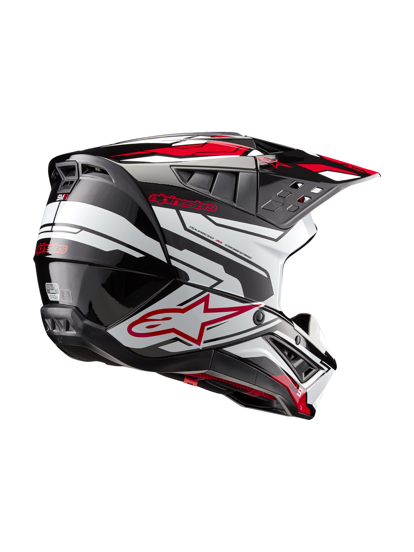Alpinestars S-M5 Action 2 Motocross Helmet in glossy black, white and bright red with ECE safety certification.