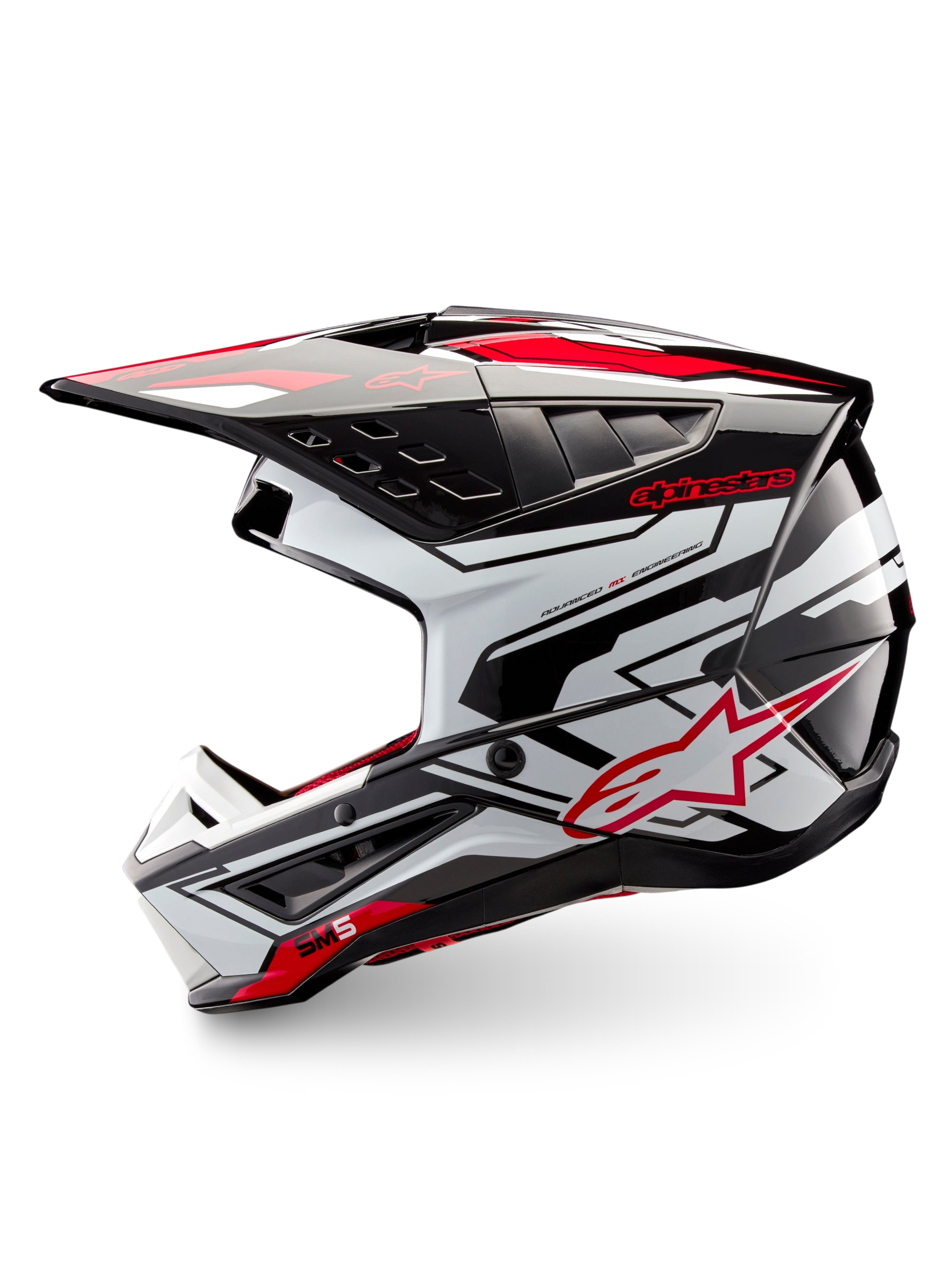 Alpinestars S-M5 Action 2 Helmet, black, white and bright red glossy motocross helmet, side view with peak and ventilation details