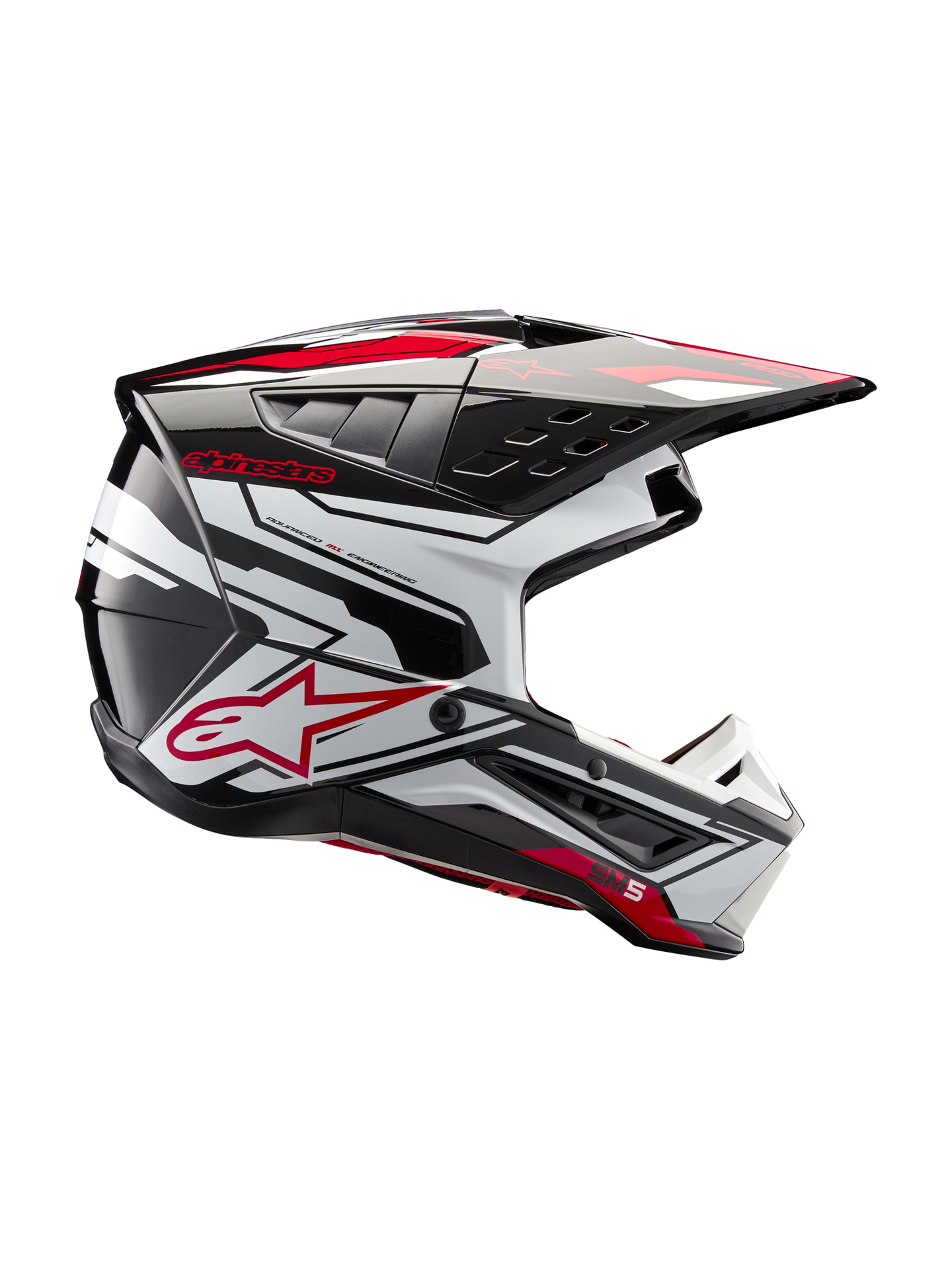Alpinestars S-M5 Action 2 Helmet, Motocross Racing Helmet in Black, White, and Bright Red Glossy design.