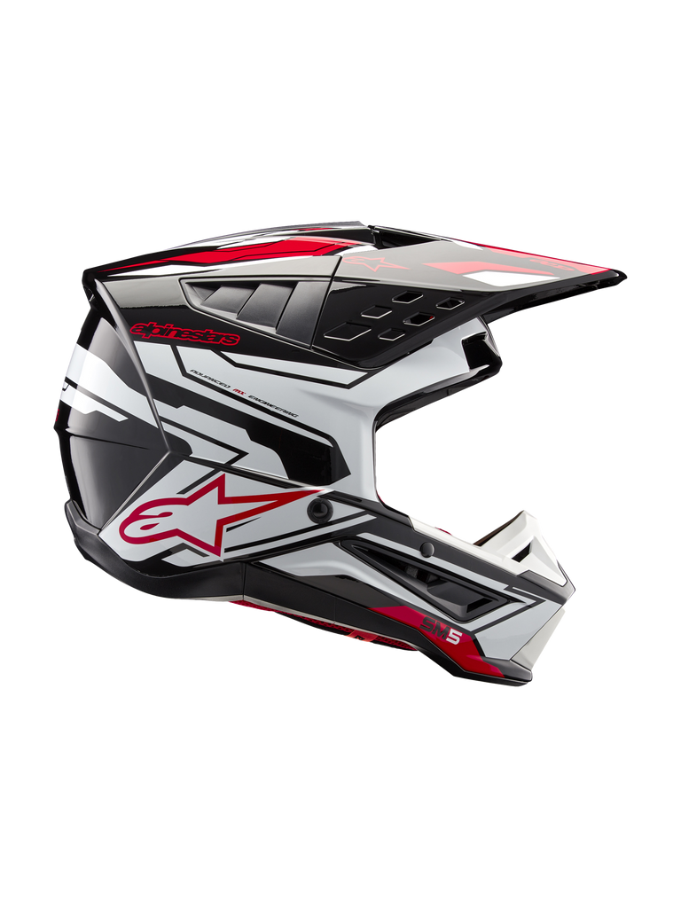 Alpinestars S-M5 Action 2 Helmet, Motocross Racing Helmet in Black, White, and Bright Red Glossy design.