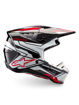 Alpinestars S-M5 Action 2 Helmet, motocross helmet in glossy Black, White and Bright Red, side view with angular graphics, peak visor and ventilation details