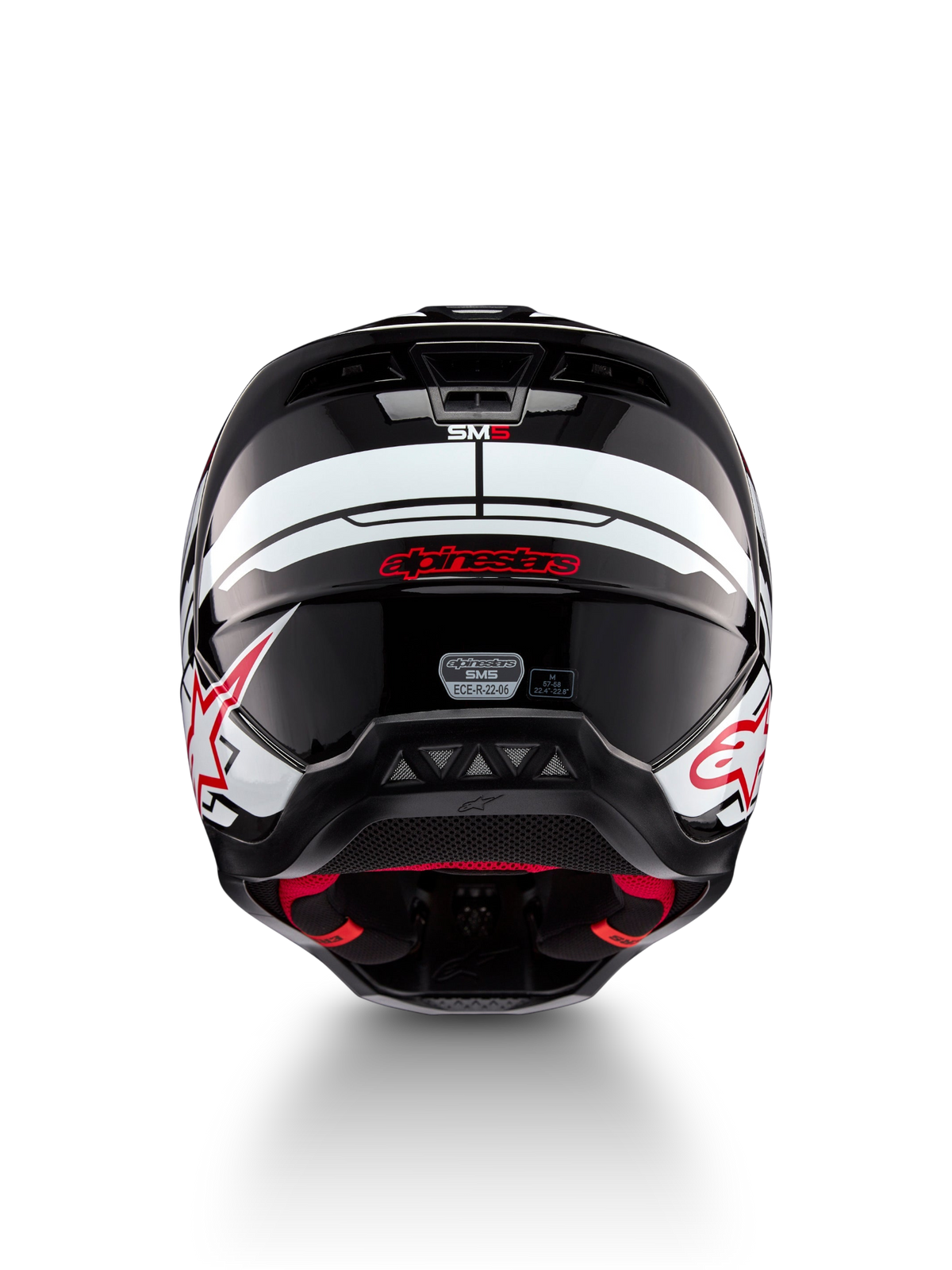 Alpinestars S-M5 Action 2 Helmet, black, white and bright red glossy motocross helmet, front view with ECE-R22-06 marking