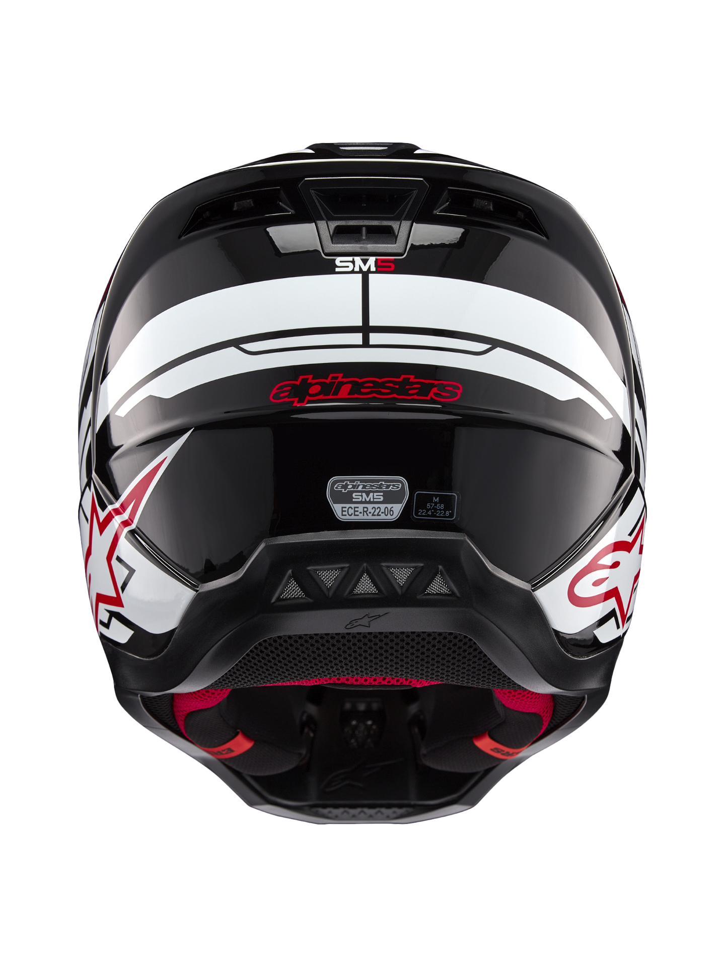 Alpinestars S-M5 Action 2 Helmet, Motocross Racing Helmet, Black, White and Bright Red, ECE 22.06 Certified, Rear View.