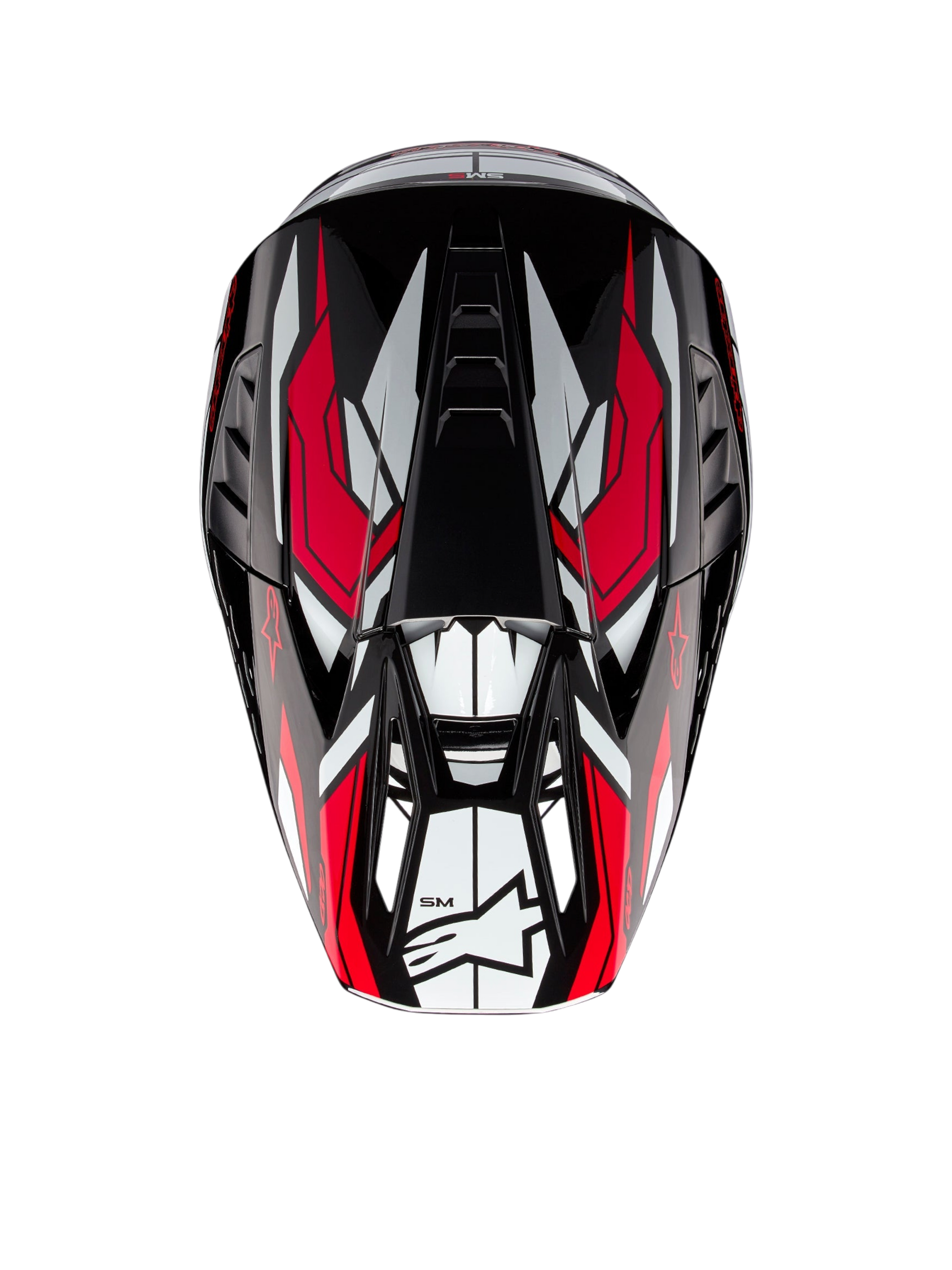 Alpinestars S-M5 Action 2 Helmet, motocross helmet shown from above, glossy Black, White and Bright Red