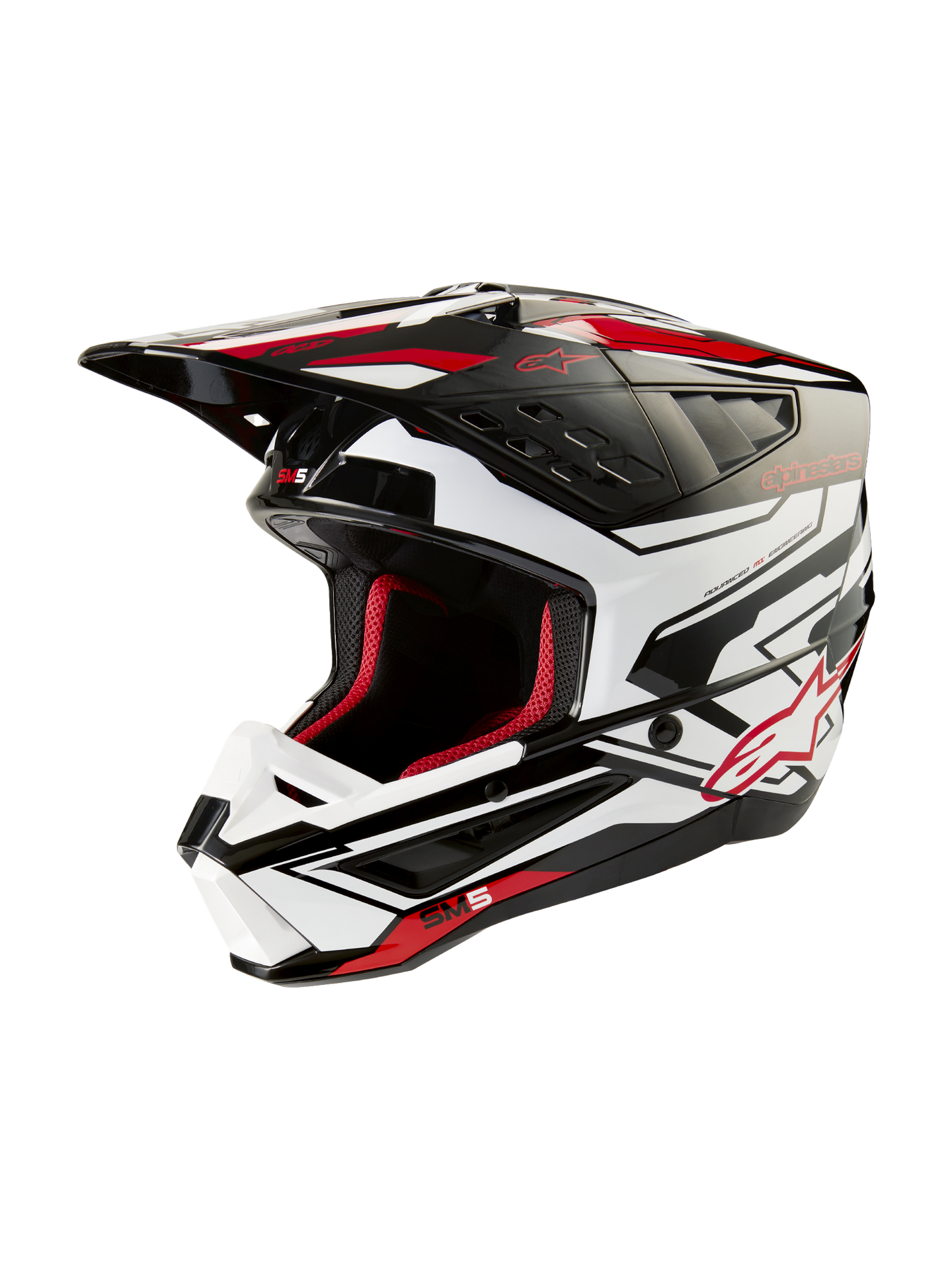 Alpinestars S-M5 Action 2 Helmet, Black, White, and Bright Red Glossy Motocross Helmet with advanced protection for off-road racing.