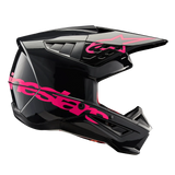 Alpinestars S-M5 Corp Helmet, Motocross Helmet, Black Diva Pink Glossy, side profile view, glossy black finish with vibrant pink branding, aerodynamic shell with ventilation ports for off-road racing protection