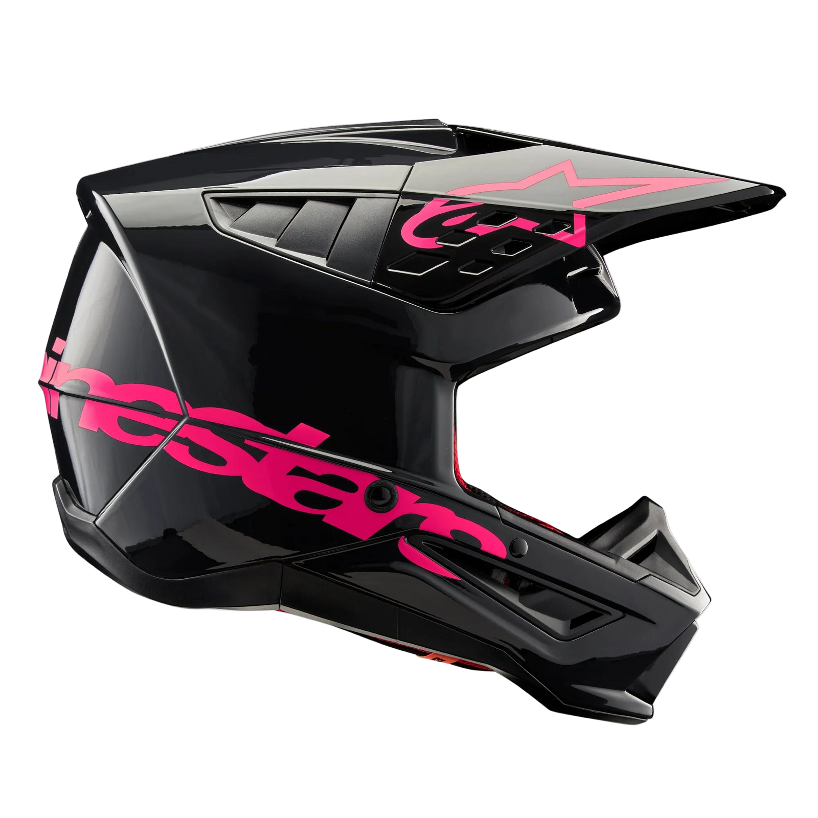 Alpinestars S-M5 Corp Helmet, Motocross Helmet, Black Diva Pink Glossy, side profile view, glossy black finish with vibrant pink branding, aerodynamic shell with ventilation ports for off-road racing protection