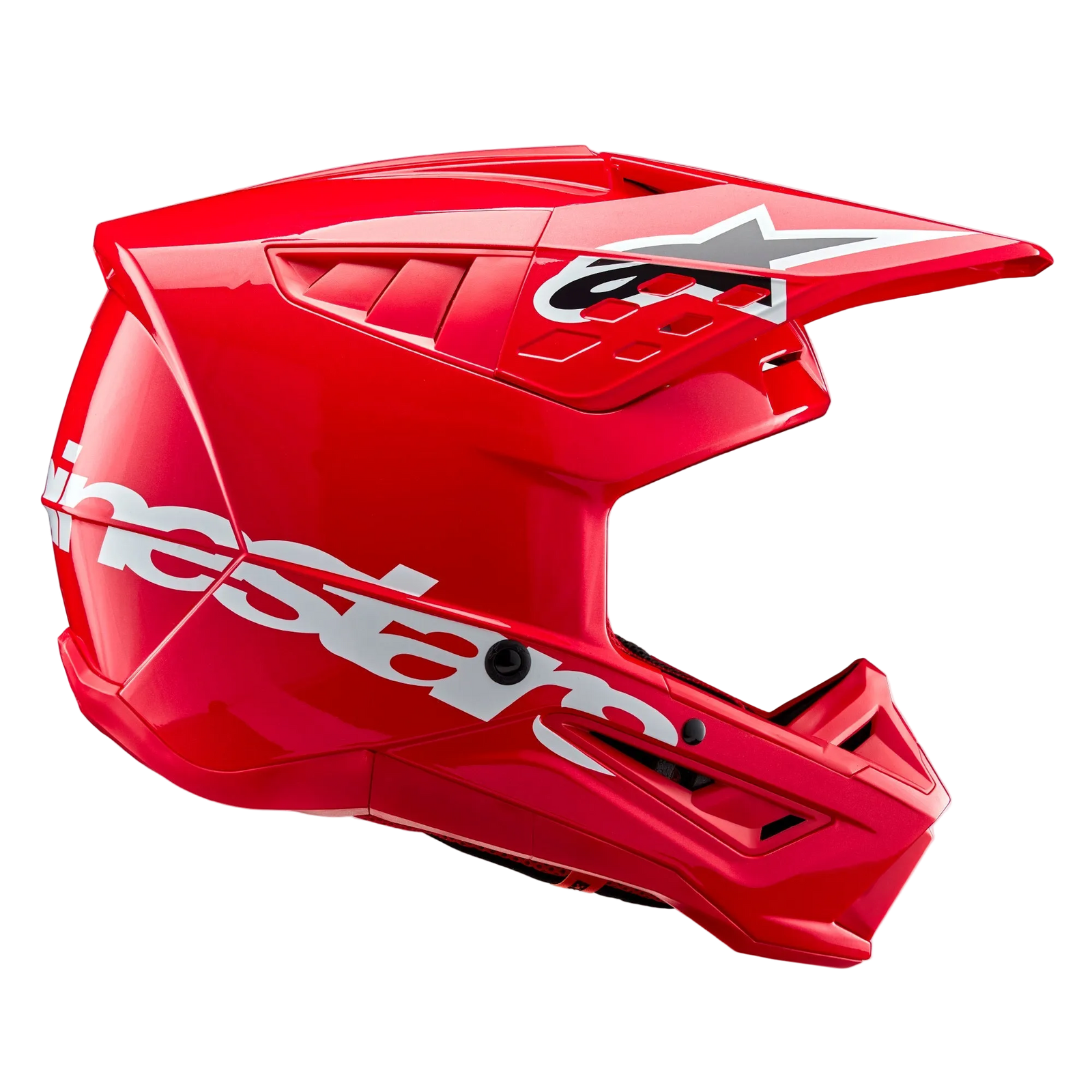 Alpinestars S-M5 Corp Helmet ECE, Motocross Helmet, Bright Red Glossy, side profile view showing a large white Alpinestars logo on the lower shell, aerodynamic ventilated visor with star logo, and high-gloss finish for off-road racing protection