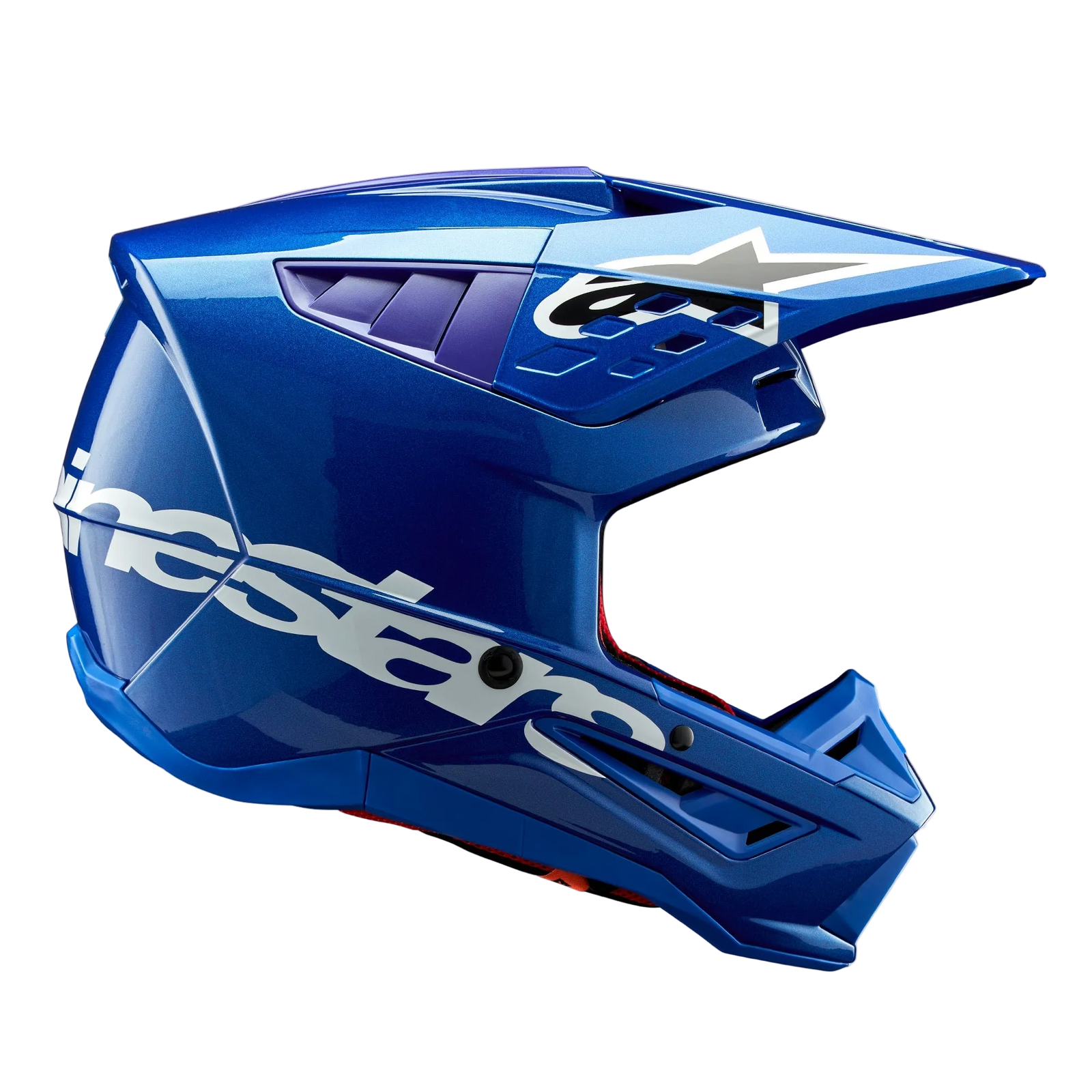 Alpinestars S-M5 Corp Helmet ECE, Blue Glossy motocross helmet, side profile view, bold white Alpinestars branding across the side, purple accents in ventilation ports, lightweight aerodynamic shell for off-road performance
