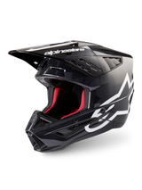 Alpinestars S-M5 Corp Motocross Helmet in Dark Gray Glossy and White, ECE 22.06 certified with a red interior lining.