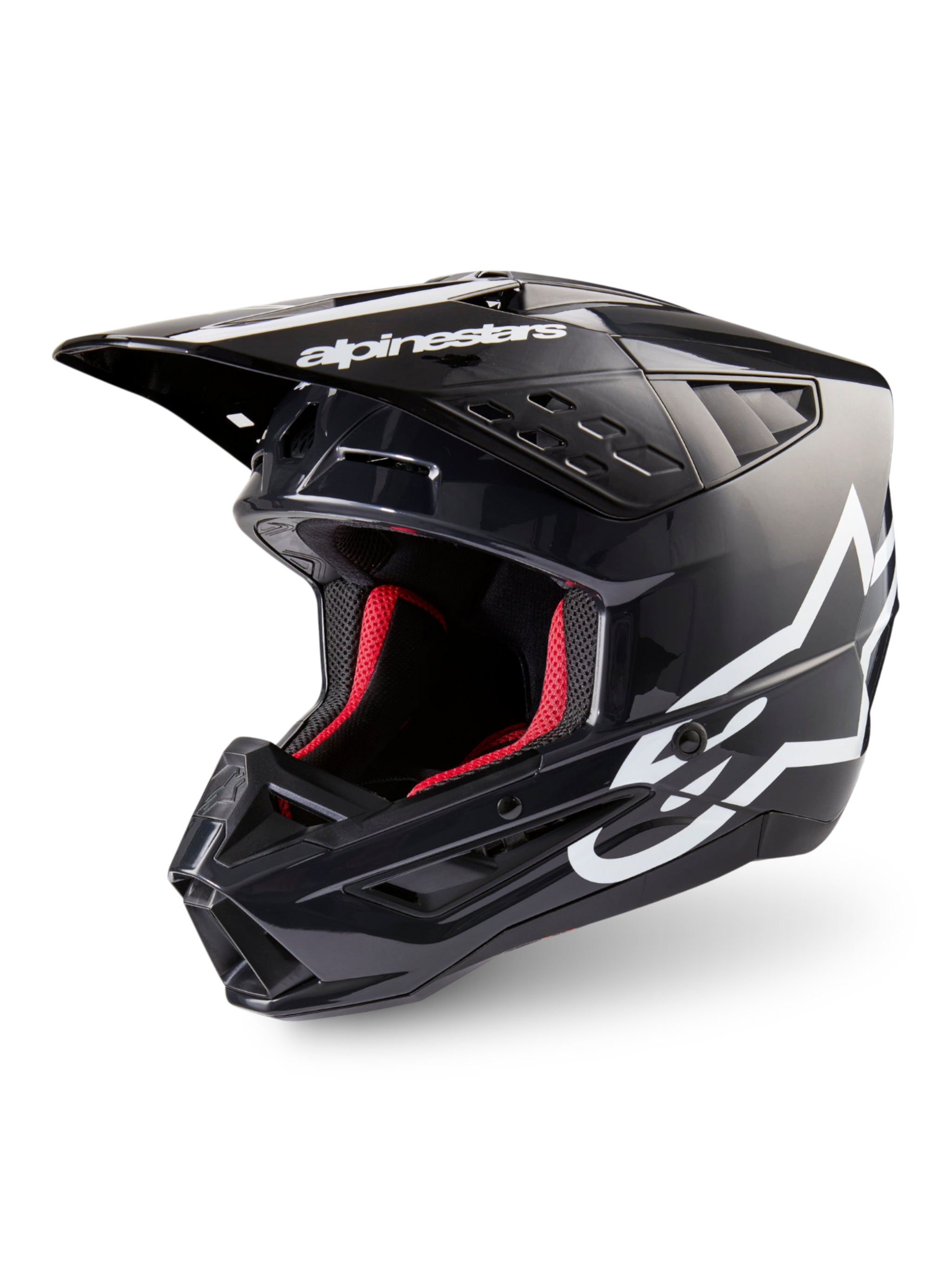 Alpinestars S-M5 Corp Motocross Helmet in Dark Gray Glossy and White, ECE 22.06 certified with a red interior lining.
