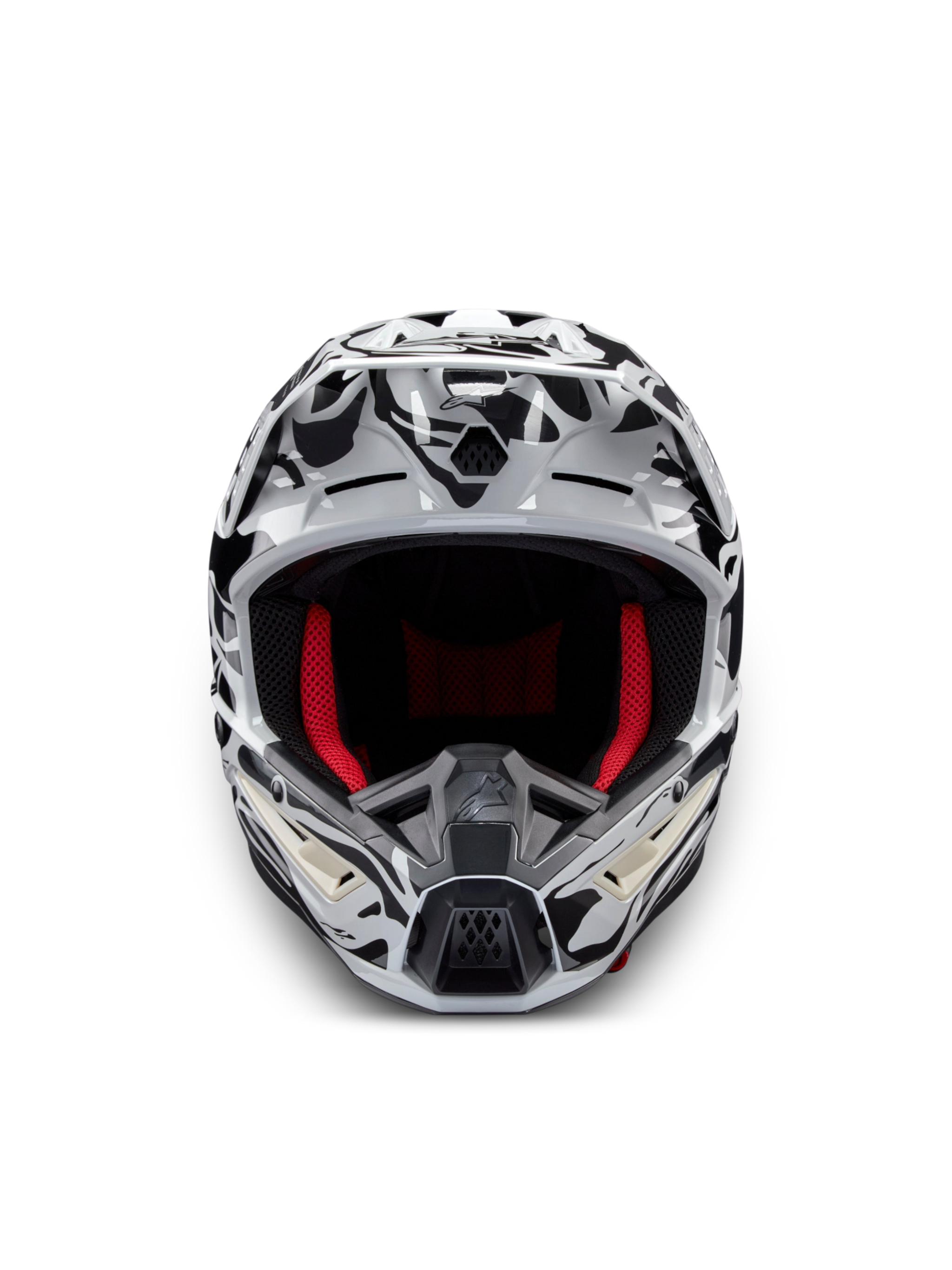 Alpinestars S-M5 Mineral Helmet, Cool Gray and Black Motocross Helmet, ECE 22.06 certified with red interior lining.
