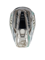 Alpinestars S-M5 Mineral Helmet, Motocross gear in Warm Gray and Celadon Green, top-down view showing glossy camo pattern.
