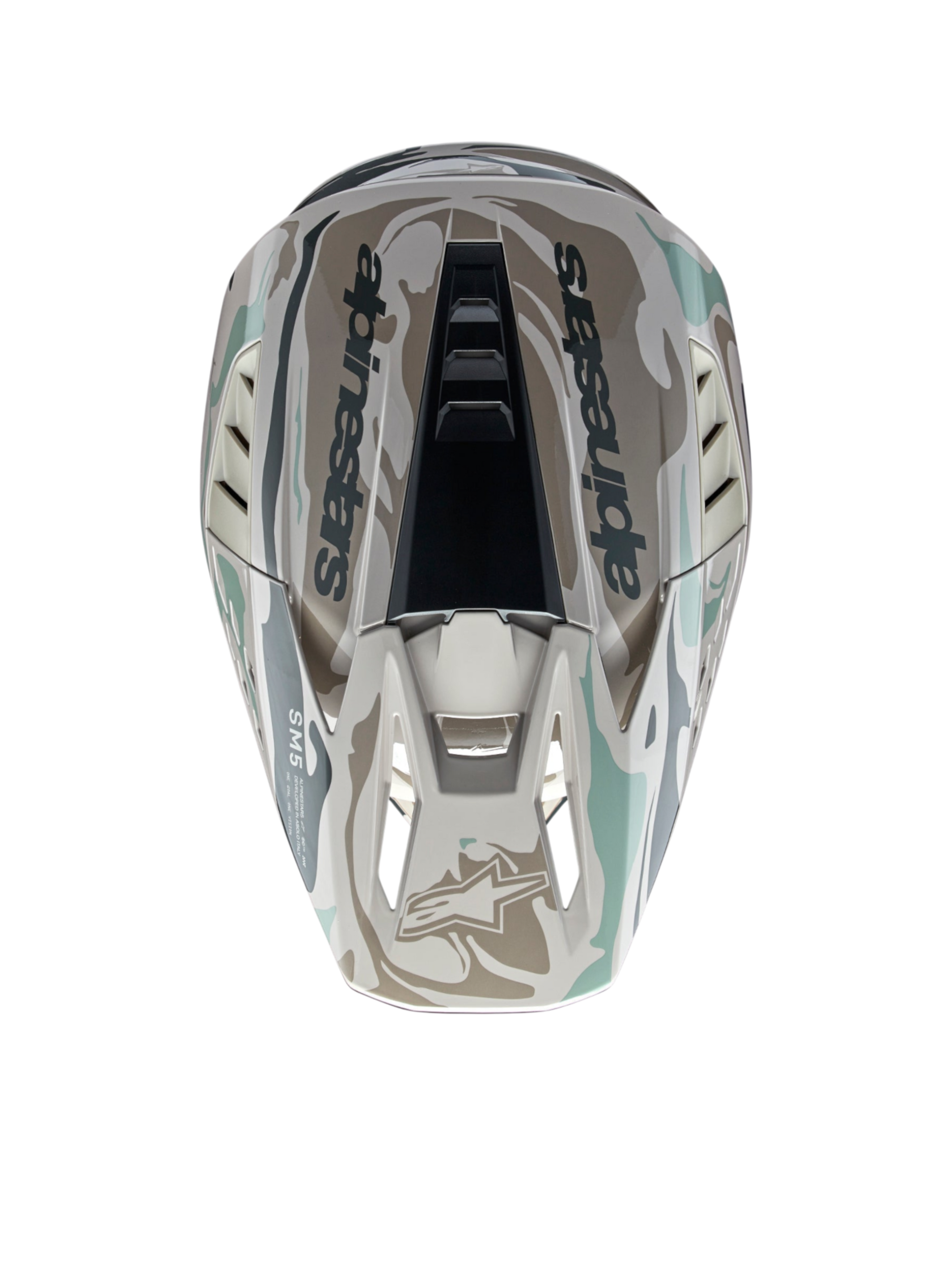 Alpinestars S-M5 Mineral Helmet, Motocross gear in Warm Gray and Celadon Green, top-down view showing glossy camo pattern.