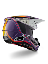 Alpinestars S-M5 Sail Helmet ECE, Motocross Helmet, Violet Black Silver Glossy, featuring orange and yellow stripe accents, large black star logo, aerodynamic profile with rear ventilation ports, glossy finish for off-road racing