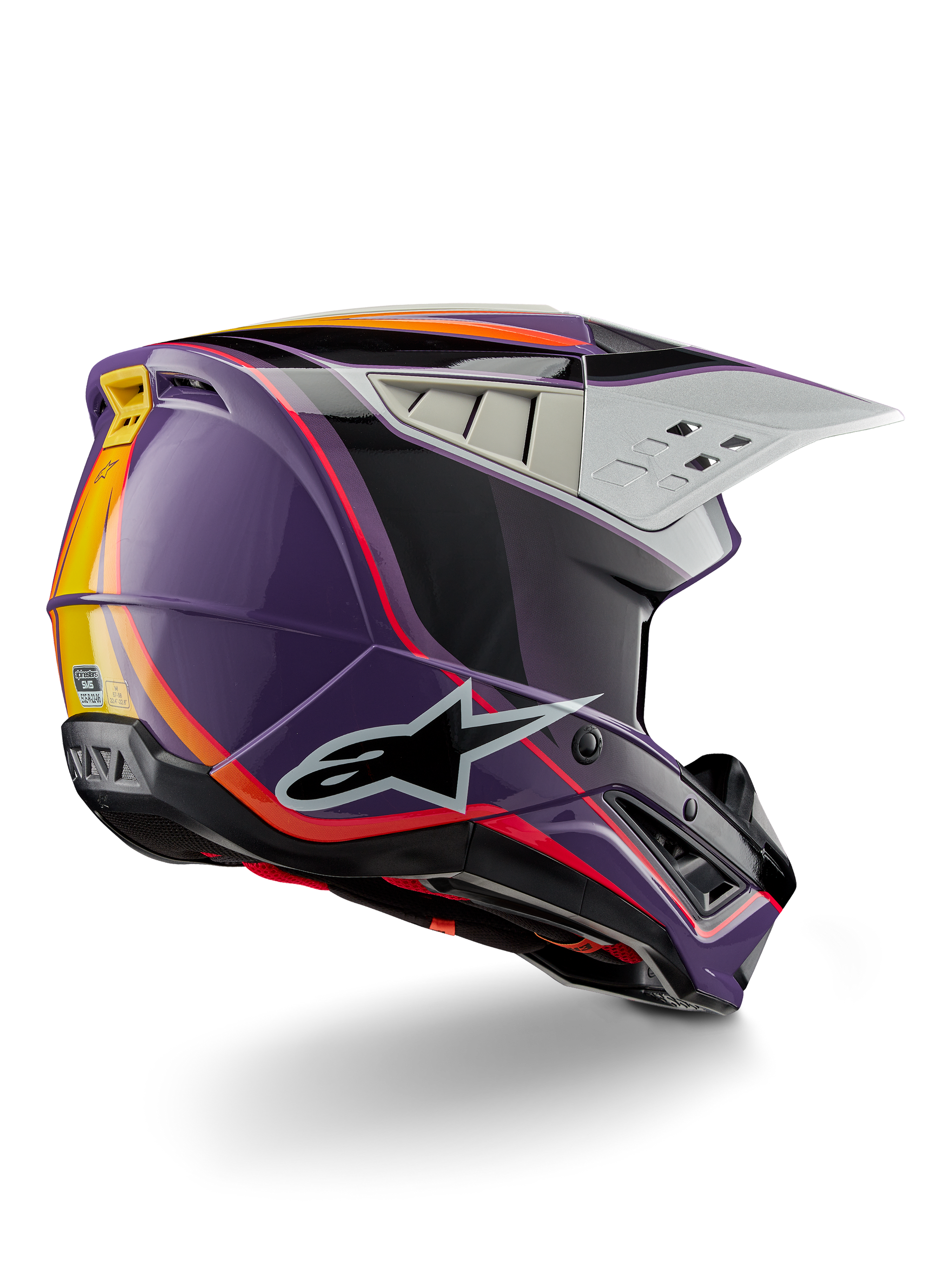 Alpinestars S-M5 Sail Helmet ECE, Motocross Helmet, Violet Black Silver Glossy, featuring orange and yellow stripe accents, large black star logo, aerodynamic profile with rear ventilation ports, glossy finish for off-road racing
