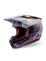 Alpinestars S-M5 Sail Helmet ECE, Motocross Helmet, Violet Black and Silver Glossy, featuring red interior padding and accents, glossy finish with bold Alpinestars logo, aerodynamic silver visor, professional off-road protective gear