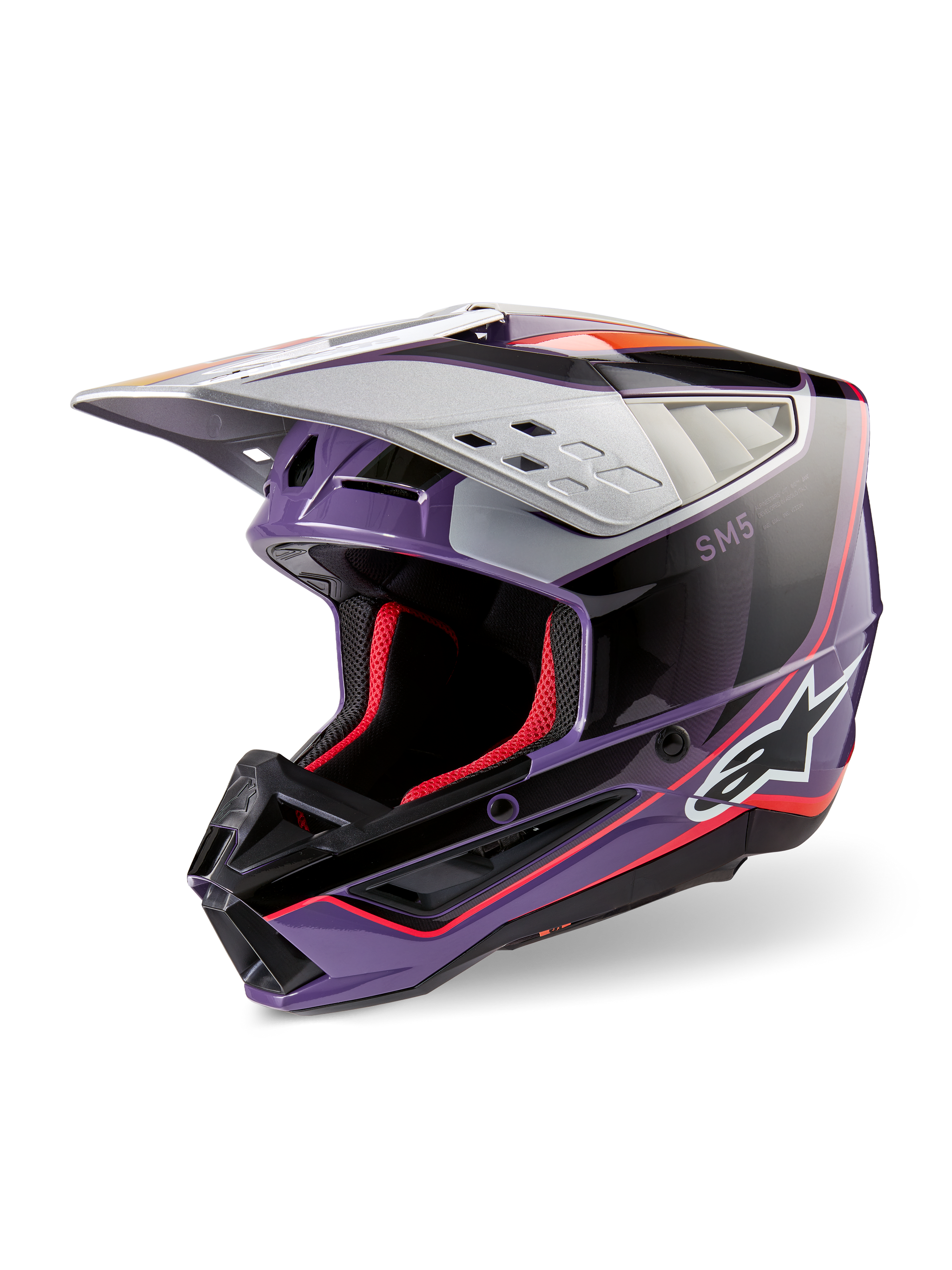 Alpinestars S-M5 Sail Helmet ECE, Motocross Helmet, Violet Black and Silver Glossy, featuring red interior padding and accents, glossy finish with bold Alpinestars logo, aerodynamic silver visor, professional off-road protective gear