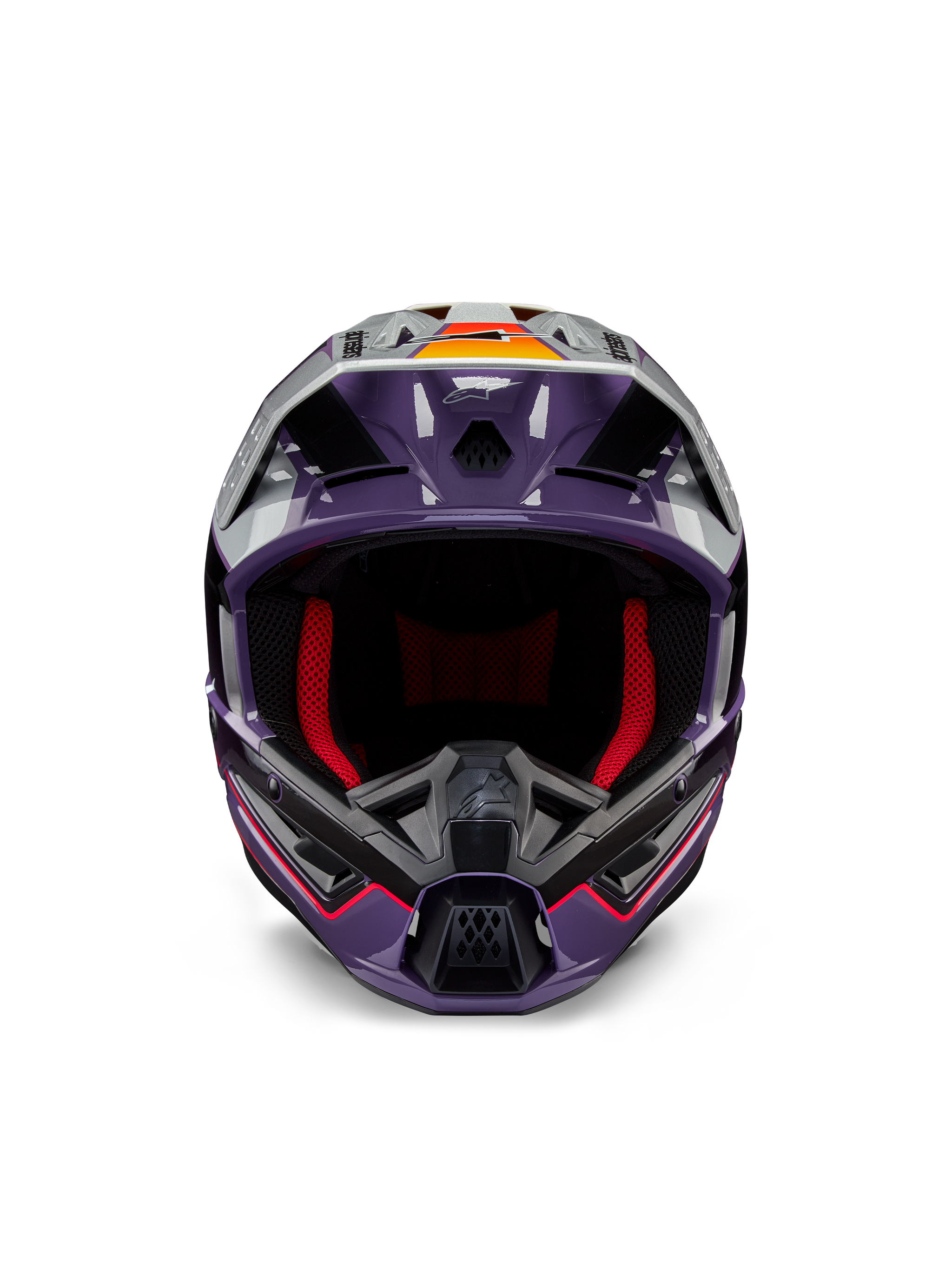 Alpinestars S-M5 Sail Helmet ECE, Motocross Helmet, Violet Black and Silver Glossy, front view featuring red interior padding, ventilated chin bar, and visor with orange accents, sleek aerodynamic shell for off-road protection