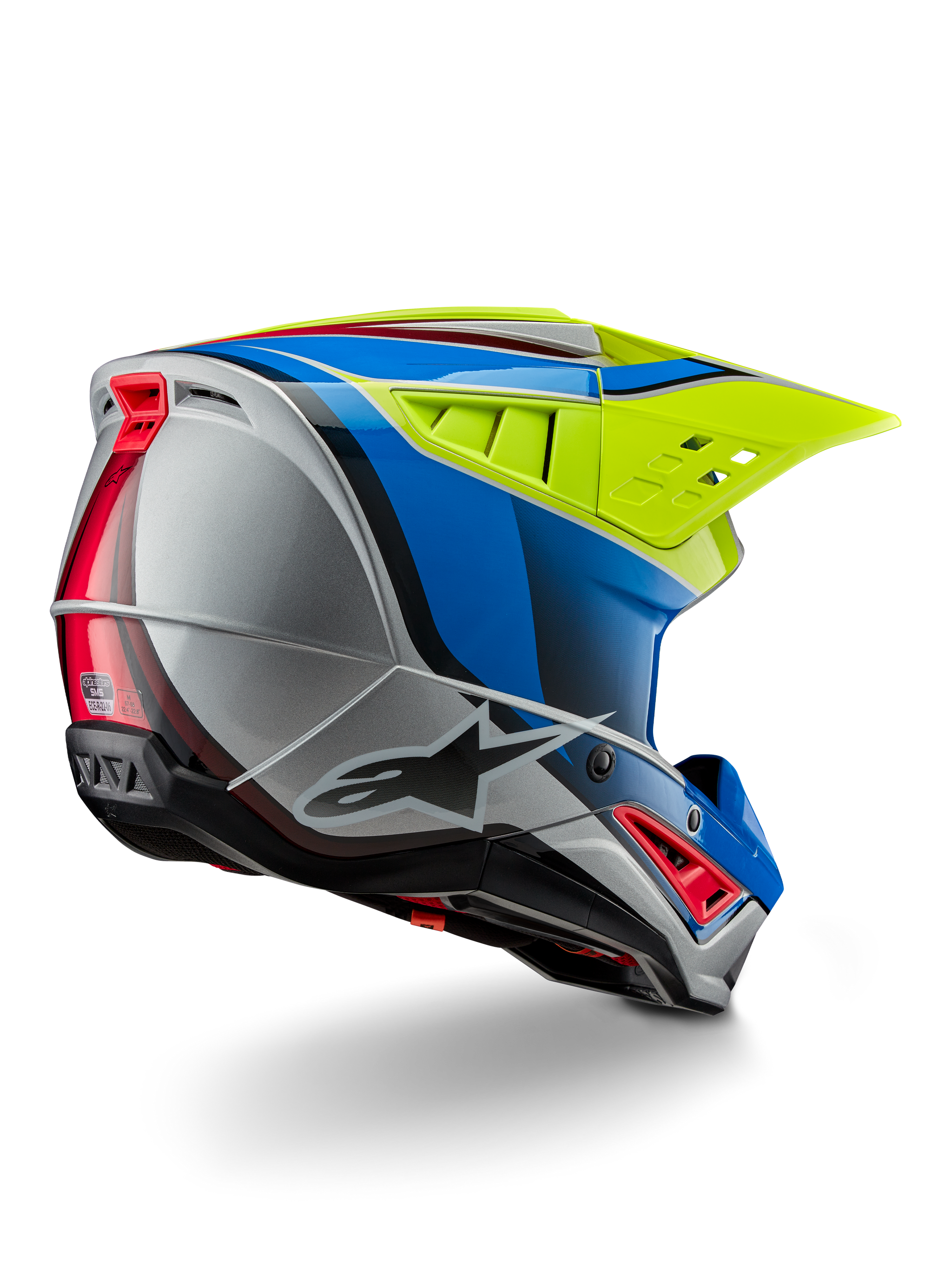 Alpinestars S-M5 Sail Helmet ECE, Motocross Helmet, Yellow Fluo Enamel Blue and Silver Glossy, rear three-quarter view showing aerodynamic thermoplastic shell, large ventilated visor, and integrated cooling vents for off-road racing protection.