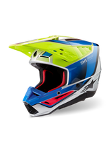 Alpinestars S-M5 Sail Helmet ECE, Motocross Helmet, Yellow Fluo, Enamel Blue and Silver Glossy, featuring an aerodynamic thermoplastic shell, red internal padding, and a high-flow ventilation visor for off-road performance