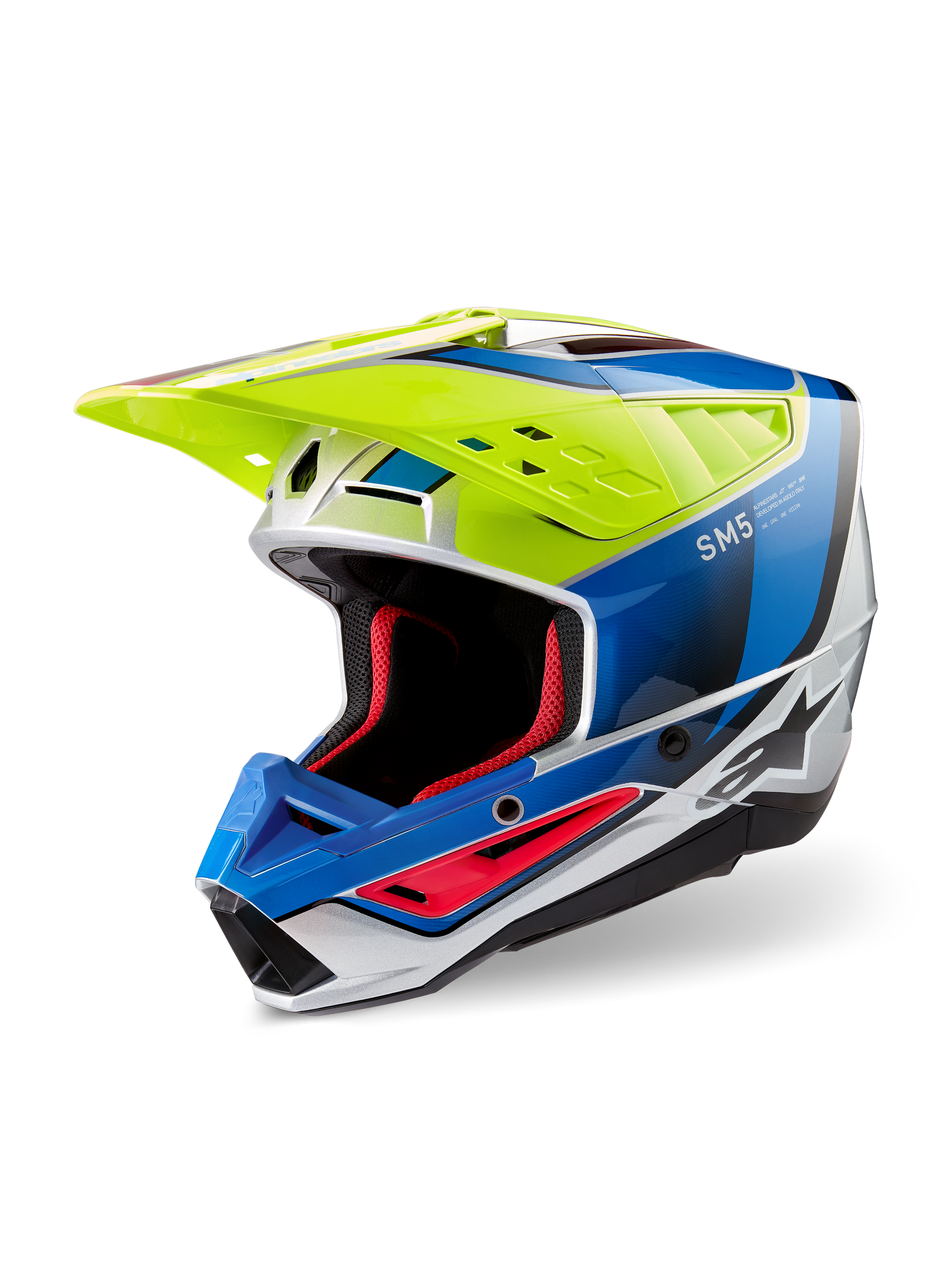Alpinestars S-M5 Sail Helmet ECE, Motocross Helmet, Yellow Fluo, Enamel Blue and Silver Glossy, featuring an aerodynamic thermoplastic shell, red internal padding, and a high-flow ventilation visor for off-road performance