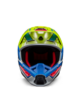 Alpinestars S-M5 Sail Helmet ECE, Motocross Helmet, Yellow Fluo and Enamel Blue with Silver Glossy finish, front-facing view showing red interior padding and aerodynamic visor, high-performance head protection for off-road racing