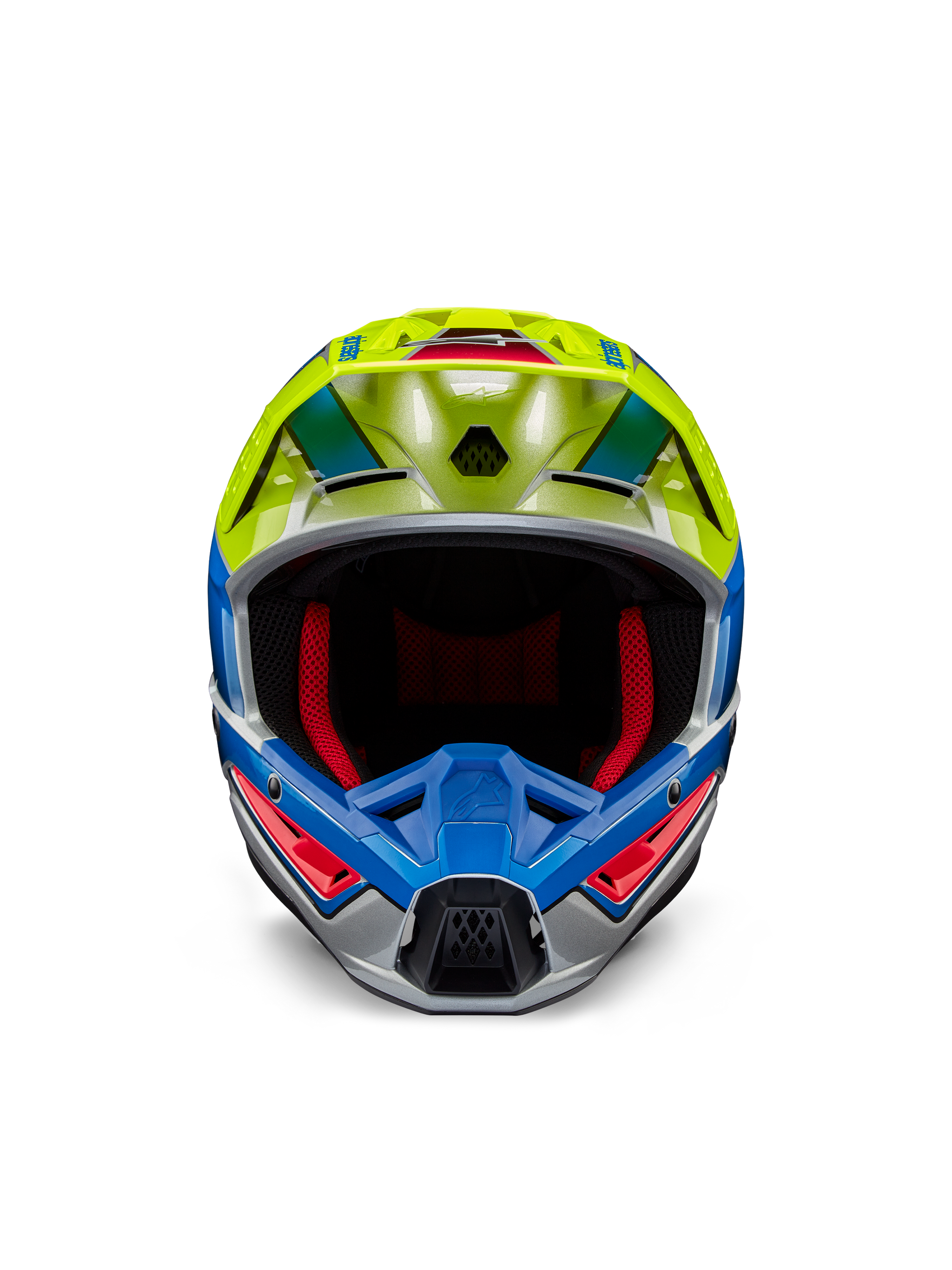 Alpinestars S-M5 Sail Helmet ECE, Motocross Helmet, Yellow Fluo and Enamel Blue with Silver Glossy finish, front-facing view showing red interior padding and aerodynamic visor, high-performance head protection for off-road racing