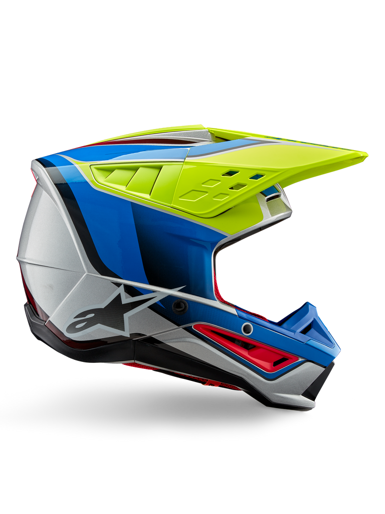 Alpinestars S-M5 Sail Helmet ECE, Motocross Helmet, Yellow Fluo, Enamel Blue, and Silver Glossy, side profile with red accents and black star logo, angular design with ventilation ports, professional off-road racing protection