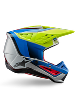 Alpinestars S-M5 Sail Helmet ECE, Motocross Helmet, Yellow Fluo, Enamel Blue, and Silver Glossy, side profile with red accents and black star logo, angular design with ventilation ports, professional off-road racing protection
