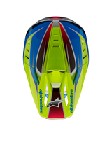 Alpinestars S-M5 Sail Helmet ECE, Motocross Helmet, Yellow Fluo, Enamel Blue, and Silver Glossy, top-down view highlighting the visor with Alpinestars logo and integrated air vents