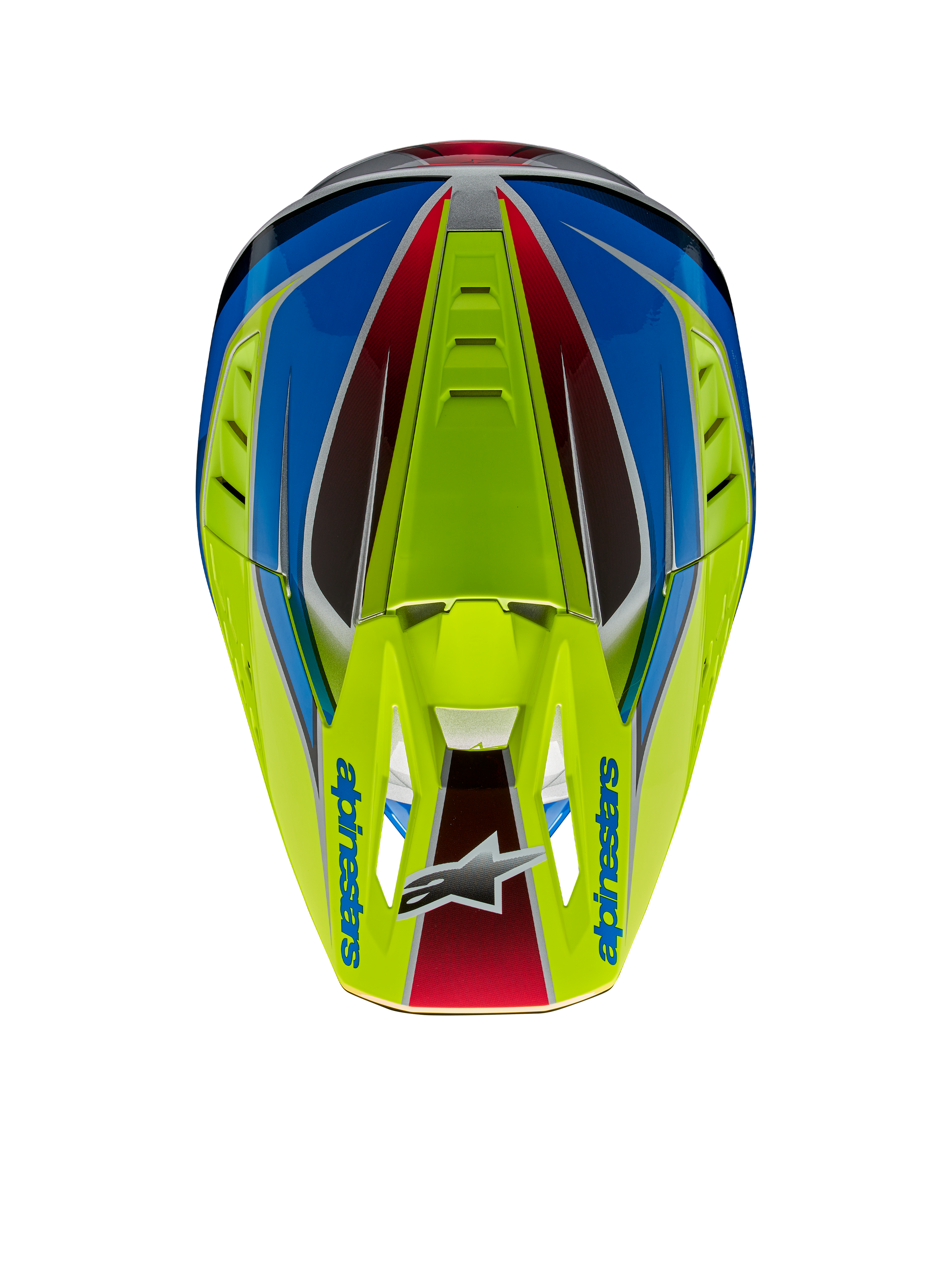 Alpinestars S-M5 Sail Helmet ECE, Motocross Helmet, Yellow Fluo, Enamel Blue, and Silver Glossy, top-down view highlighting the visor with Alpinestars logo and integrated air vents