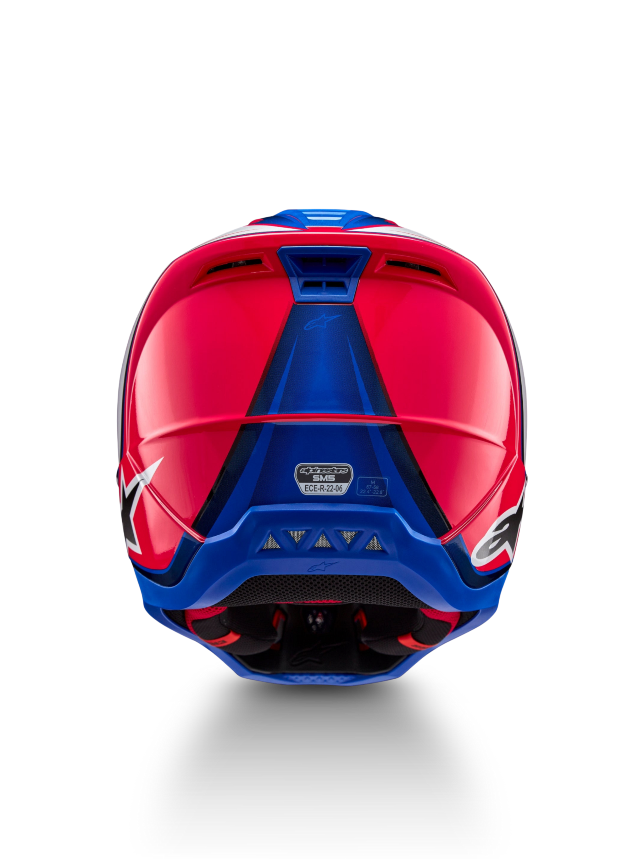 Alpinestars S-M5 Sail Helmet ECE 22.06, Motocross Racing Helmet, Diva Pink and Enamel Blue, Rear View showing ventilation exhausts and ECE 22.06 certification.
