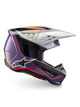 Alpinestars S-M5 Sail Helmet, ECE 22.06 certified motocross helmet in glossy violet, black, and silver for off-road racing.