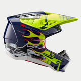 Alpinestars S-M5 Rash Helmet ECE, Motocross Helmet, Night Navy and Yellow Fluo Glossy, side profile view featuring vibrant fluo yellow flame graphics and checkered flag patterns on the upper shell, with Alpinestars branding and integrated visor for off-road racing.