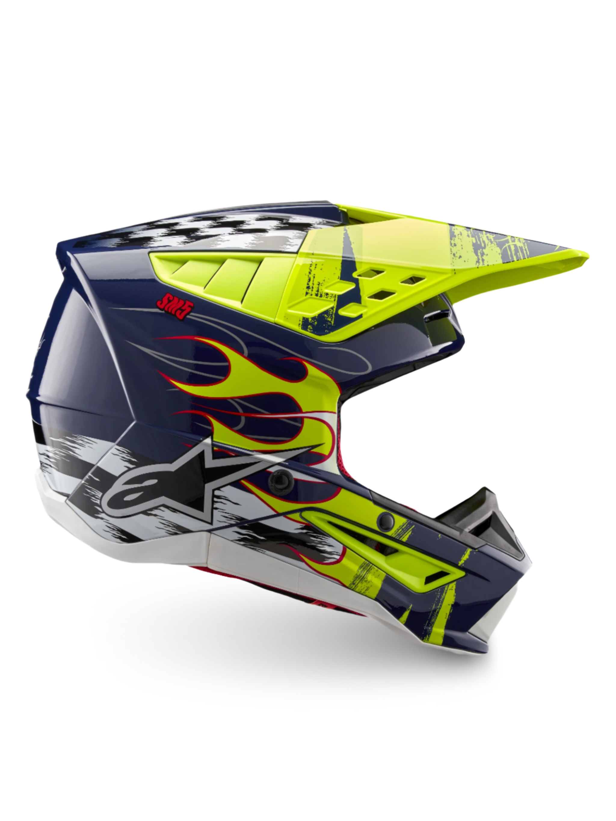 Alpinestars S-M5 Rash Helmet ECE 22.06, Motocross Helmet in Night Navy and Yellow Fluo Glossy featuring flame graphics and Alpinestars logo, optimized for off-road racing protection.