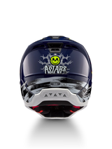 Alpinestars S-M5 Rash Helmet in Night Navy and Yellow Fluo, featuring a rear skull graphic and ECE 22.06 certification.