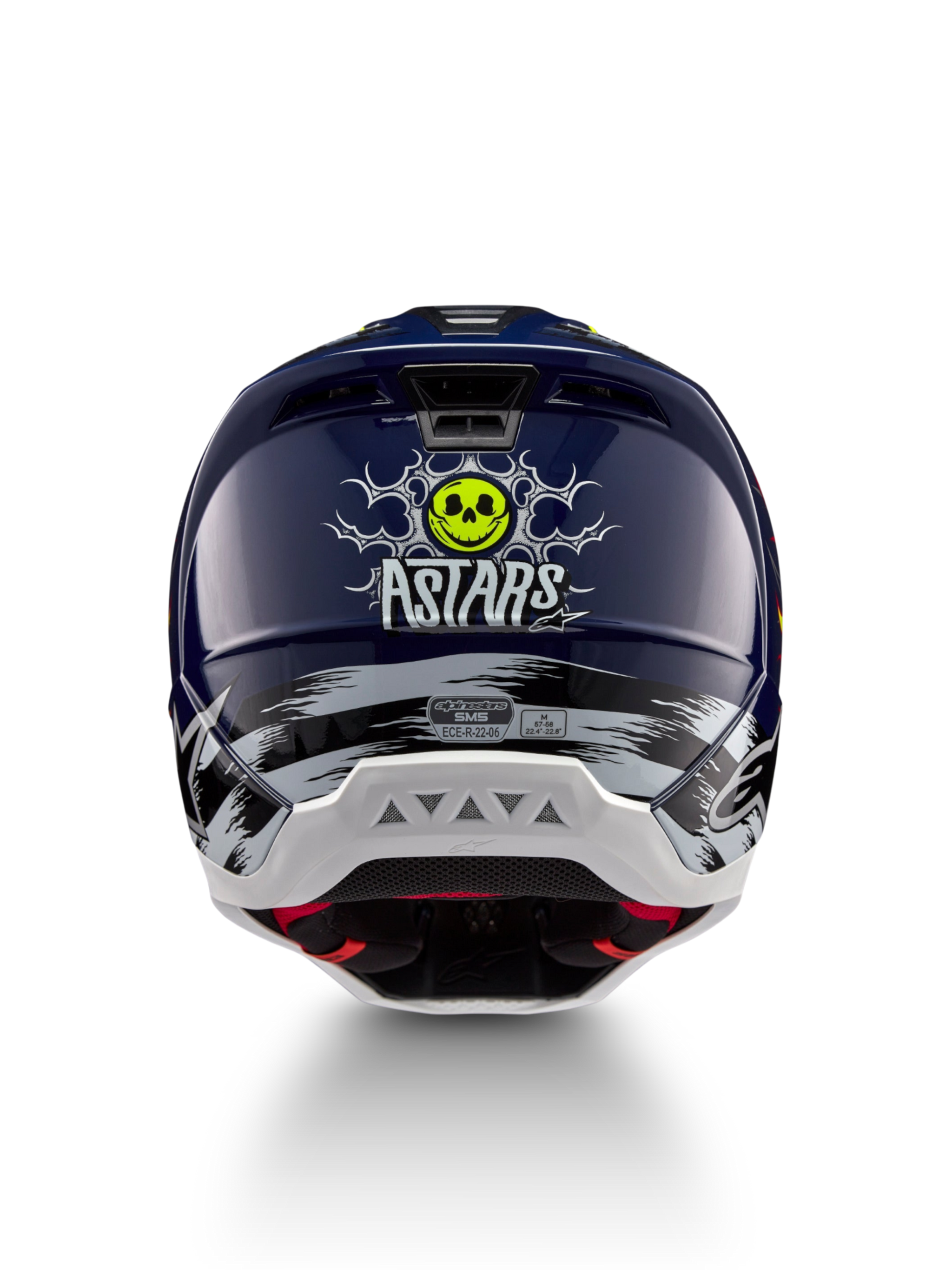 Alpinestars S-M5 Rash Helmet in Night Navy and Yellow Fluo, featuring a rear skull graphic and ECE 22.06 certification.